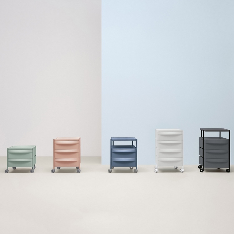 aktuelles büromöbel design entdecken neue designermöbel arbeit rollwagen farbtöne blau rosa weiß grau schubladen