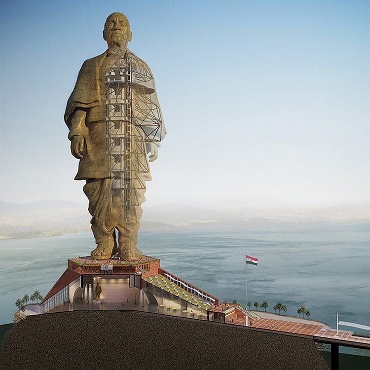höchste statue der welt projekt insel luftaufnahme denkmal monument museum stahlkonstruktion 3d grundriss