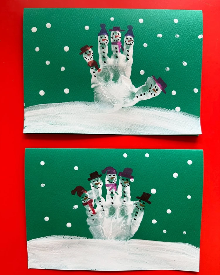 kinder handabdruck zu weihnachten schneemänner
