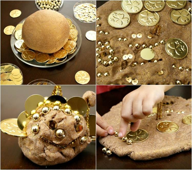 knete selber machen gold pailletten münzen kette basteln mit 4 jährigen zu weihnachten