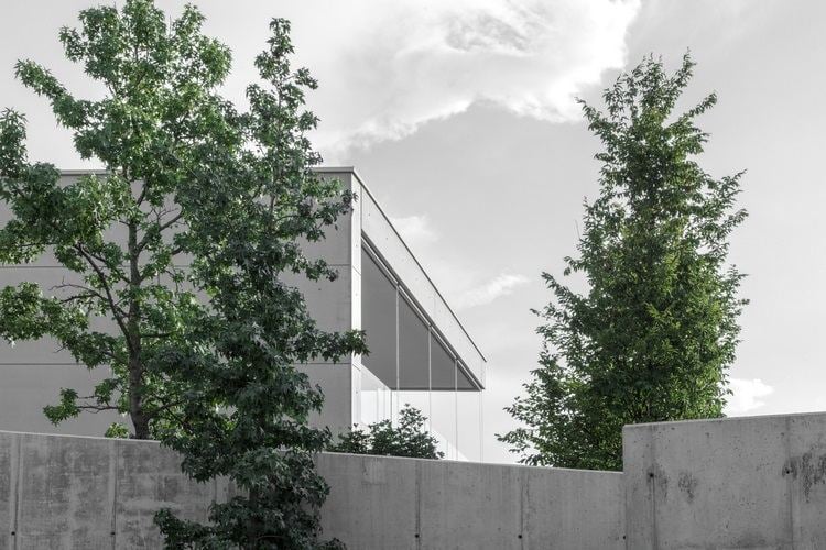 sichtbeton haus casa mf große glasfenster modernes minimalistisches design bäume grau himmel