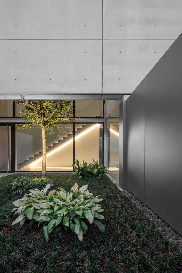 sichtbeton haus casa mf große glasfenster modernes minimalistisches design innenhof garten gras