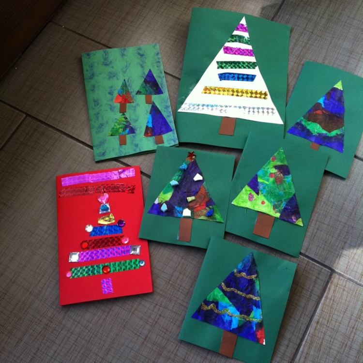 weihnachtskarten basteln mit kleinkindern washi tape tannebäume glitzersteinchen