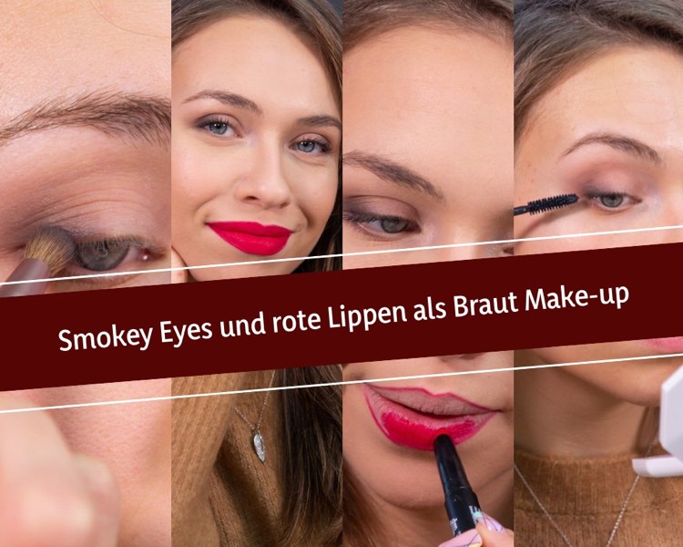 Hochzeits-Make-up für die Braut selber machen Smokey Eyes und rote Lippen
