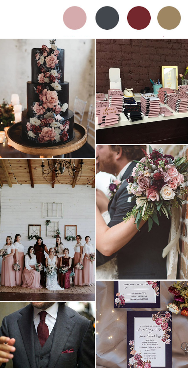 Hochzeitsfarben 2019 Rosé Grau Weinrot Holz