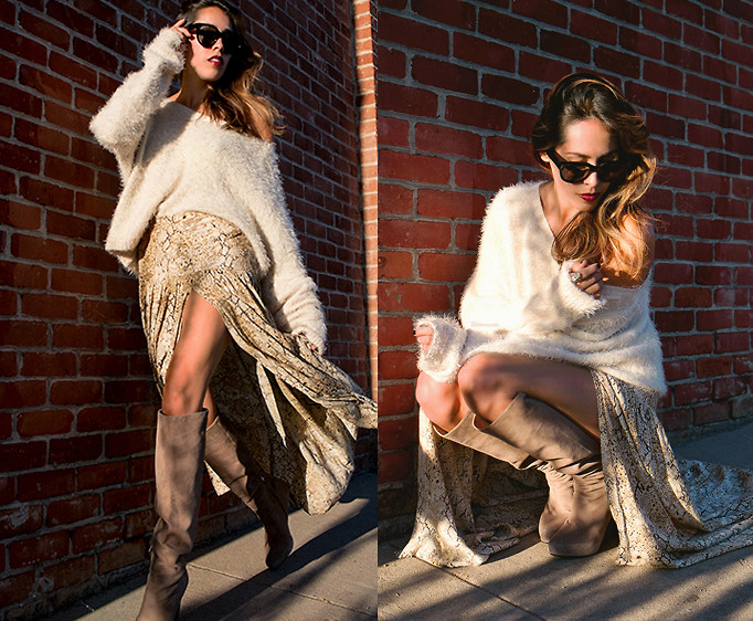 Oversize Pullover Off Shoulder mit Rock und Stiefel im Herbst kombinieren