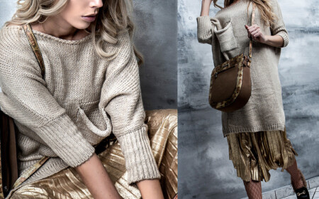 Oversize Pullover U Ausschnitt und goldfarbener Plisseerock