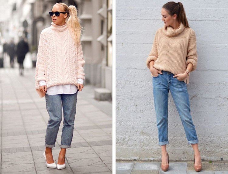 Oversize Pullover mit Boyfriend Jeans kombinieren High Heels Lagenlook