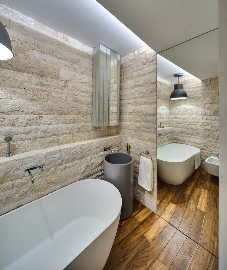 badezimmer 4 qm ideen möbel sanitärlösungen hängeschrank stein riemchen spiegel design sanitäranlage holzboden