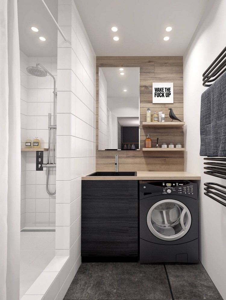 badezimmer 4 qm ideen möbel sanitärlösungen praktische raumgestaltung duschkabine gefliest waschvollautomat regal badetuch