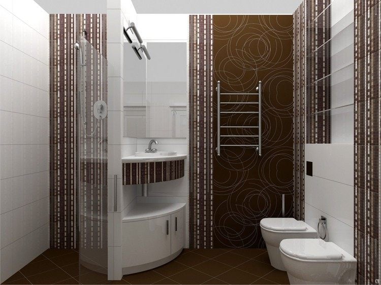 badezimmer 4 qm ideen möbel sanitärlösungen praktische raumgestaltung waschbecken duschkabine braun farbkombination