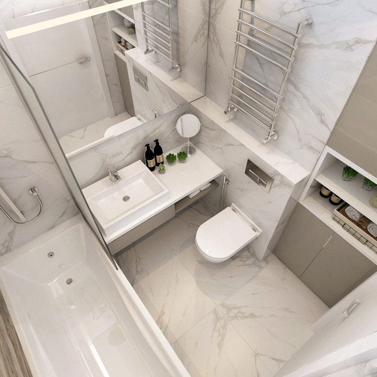 badezimmer 4 qm ideen möbel sanitärlösungen praktische raumgestaltung waschbecken heizkörper badewanne marmor schränke