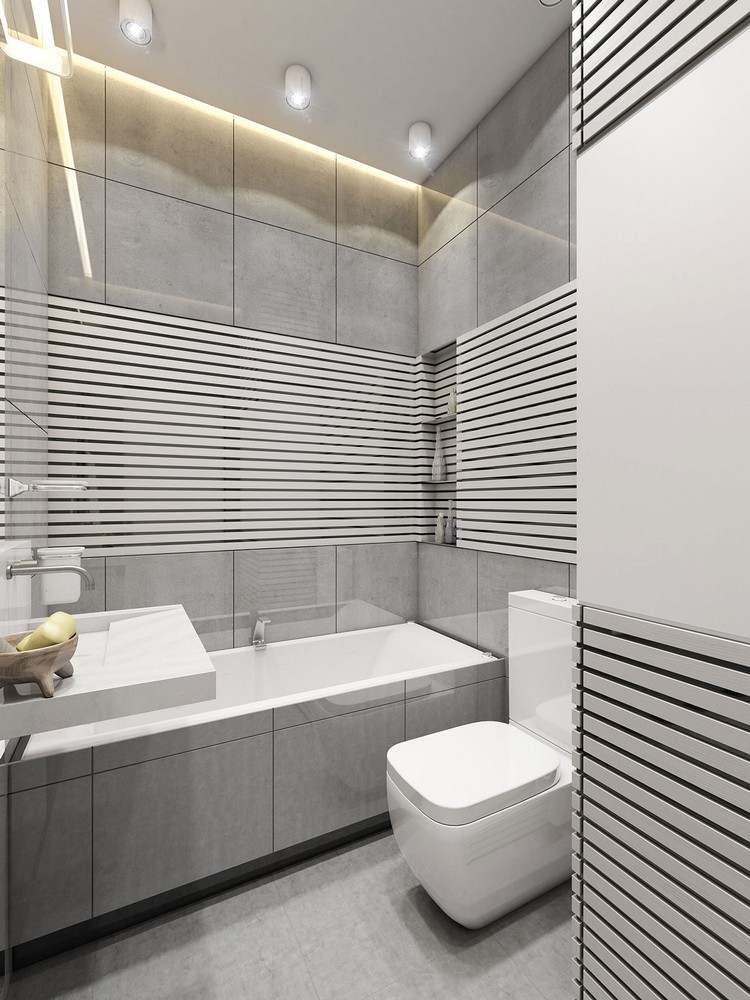 badezimmer 4 qm ideen möbel sanitärlösungen praktische raumgestaltung waschbecken lamellen badewanne grau weiß