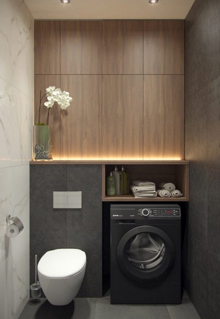 badezimmer 4 qm ideen möbel sanitärlösungen praktische raumgestaltung waschmaschine wc holz wand
