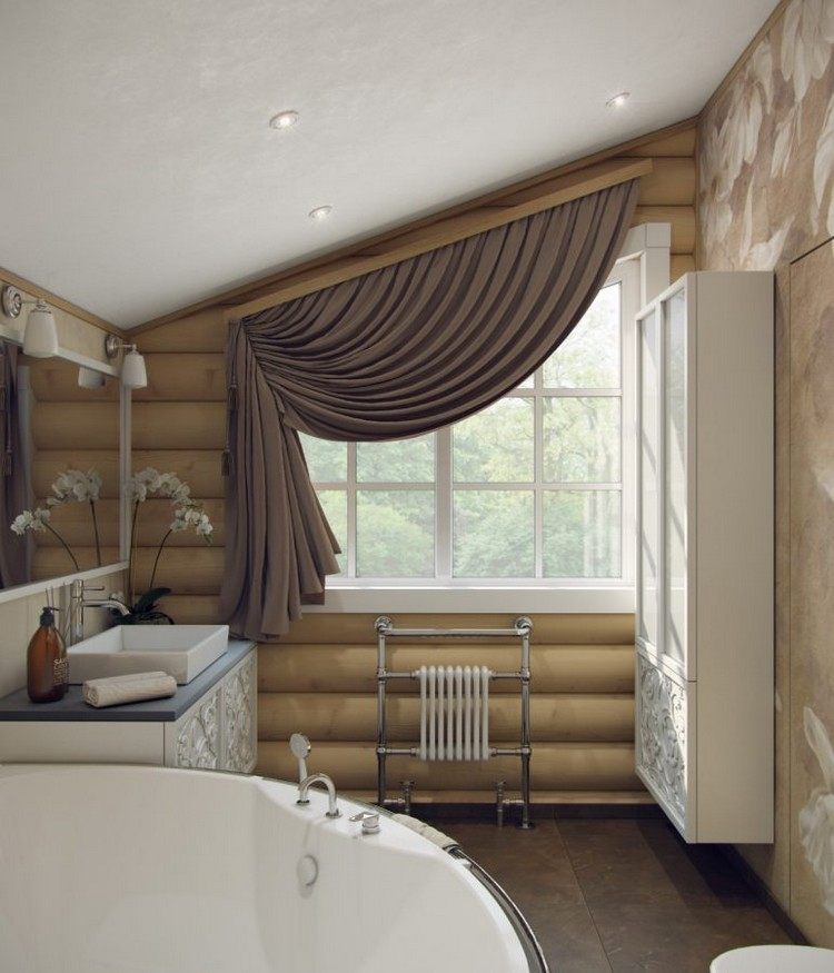 eckmöbel bad fenster vorhang gardine schrägdach schrank holzlatten badezimmer stilvoll einrichten einbauleuchten