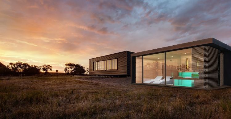 outdoor sauna bauen ideen designs entspannungsbereich im freien holz beton garten sonnenuntergang modern design