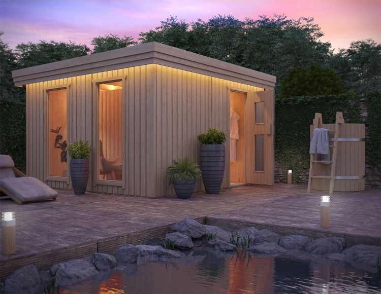 outdoor sauna bauen ideen designs entspannungsbereich im freien holz glas innenhof pool beleuchtung pflanzen