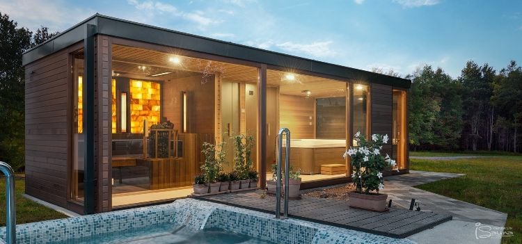 outdoor sauna bauen ideen designs entspannungsbereich im freien holz glas innenhof pool beleuchtung