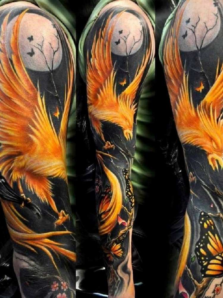 phönix tattoo designs tätowierungen feuer-vogel mythologie schwart gold kombination farben schmetterling