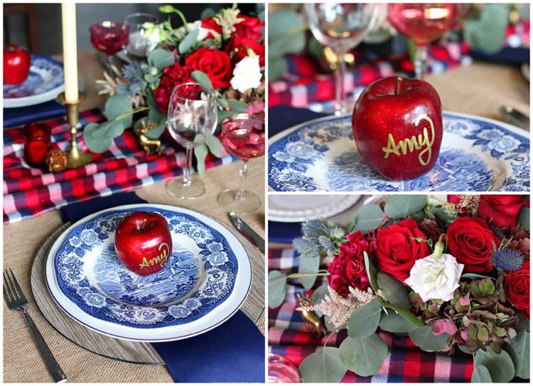 rustikale Tischdeko zu Weihnachten in rot und blau roter Apfel