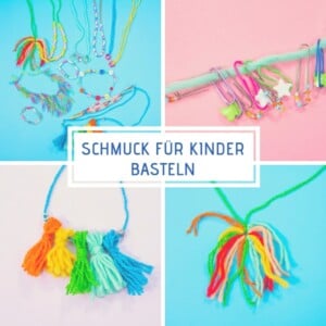 schmuck für kinder basteln armbänder halskette strickgarn quasten perlen