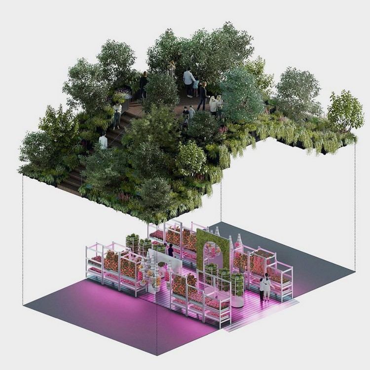 urbane landwirtschaft futuristischer garten stadt innovatives designprojekt konzept zwei ebenen hyrdrokultur urban farming