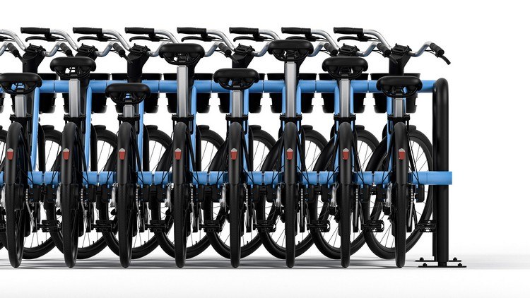 zoov e bike leihen elektrofahrräder innovatives design ineinander stapeln fahrradständer wie einkaufswagen reihe