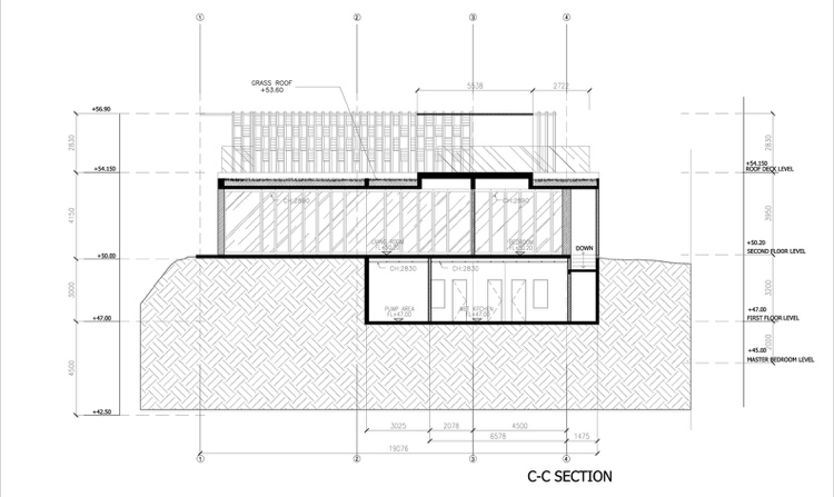 Archiketurplan Querschnitt des Hauses Rasen auf dem Dach
