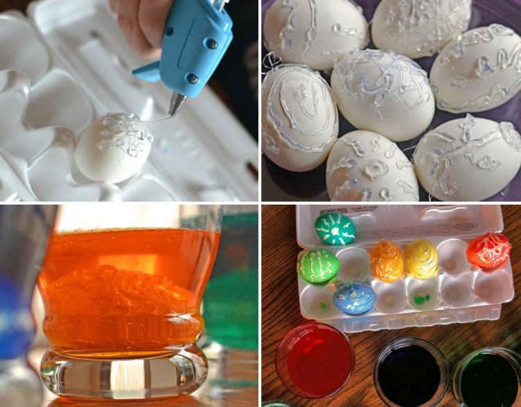 Eier färben mit Muster und Heißklebepistole statt Wachs