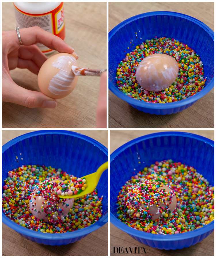 Eier mit bunten Zuckerstreuseln bekleben Idee für Kleinkinder