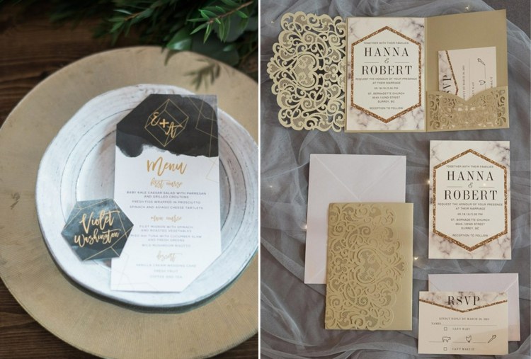 Einladungskarten zur Hochzeit Gäste Gold Spitze Geometrie