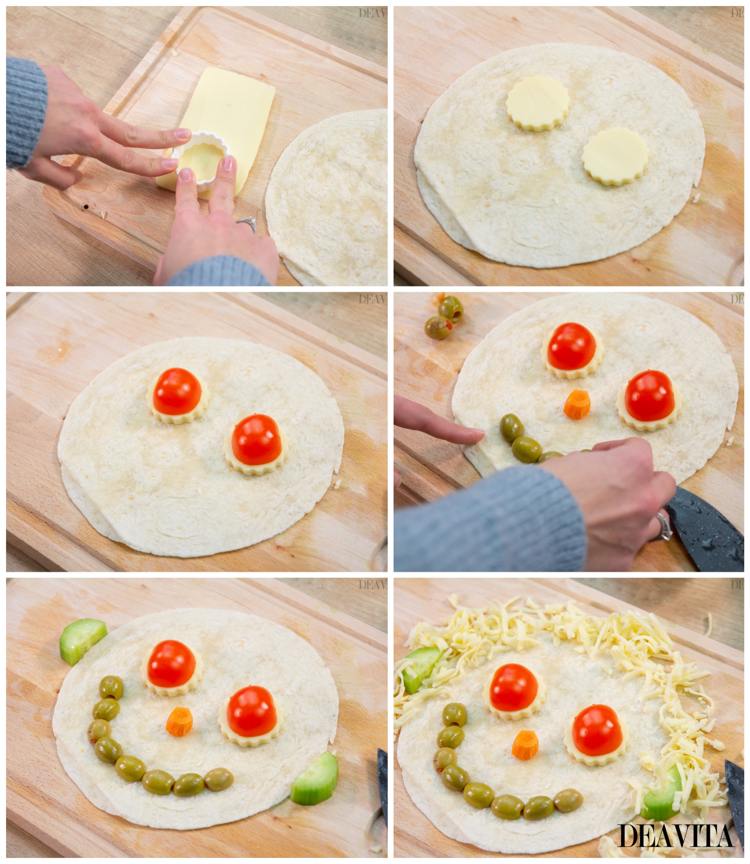 Fingerfood Ideen für Kinderparty Tortilla Gesichter mit Gemüse