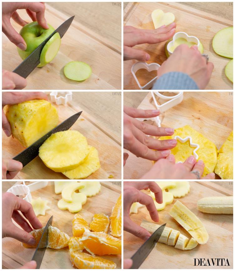 Fingerfood für Kinderparty kalt Obstspieße aus Apfel Ananas Banane und Orangen
