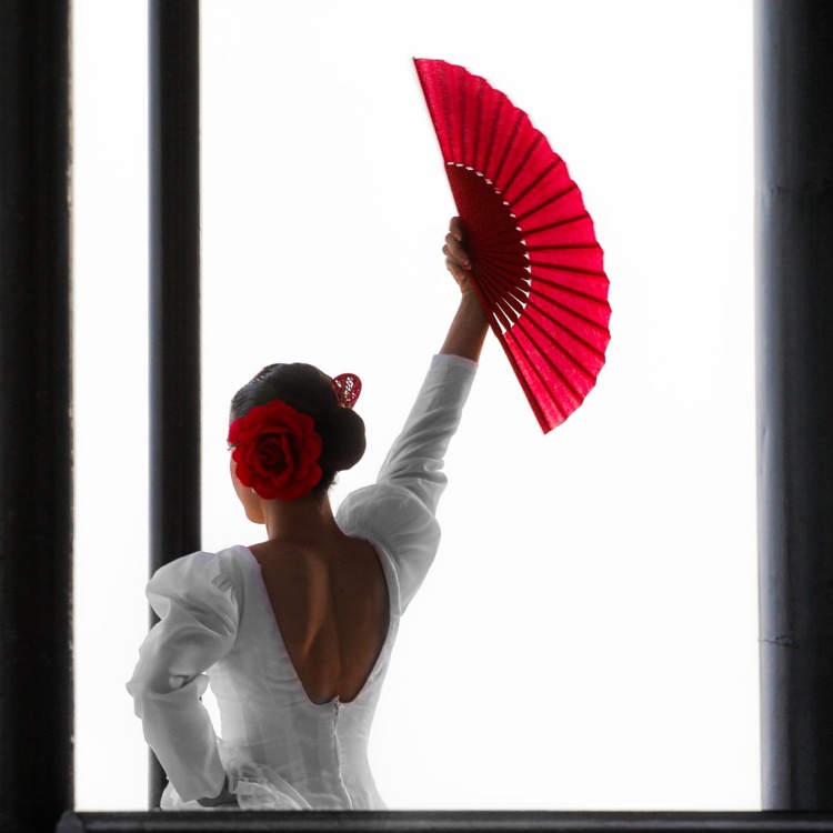 Flamenco Tänzerin mit weißem Kleid und rotem Fächer in der Hand