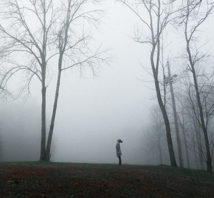 Frau steht alleine im Park hohe Bäume und dichter Nebel