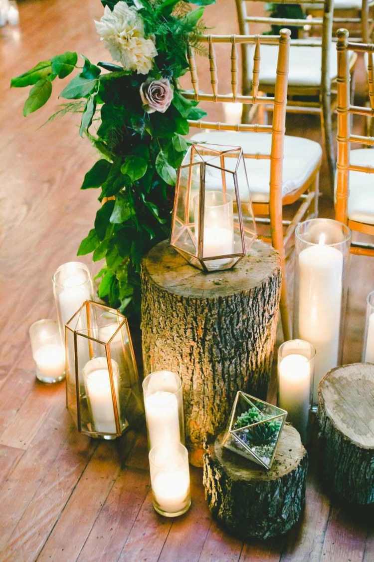Hochzeit dekorieren geometrisch Baumstamm Laternen mit Kerzen