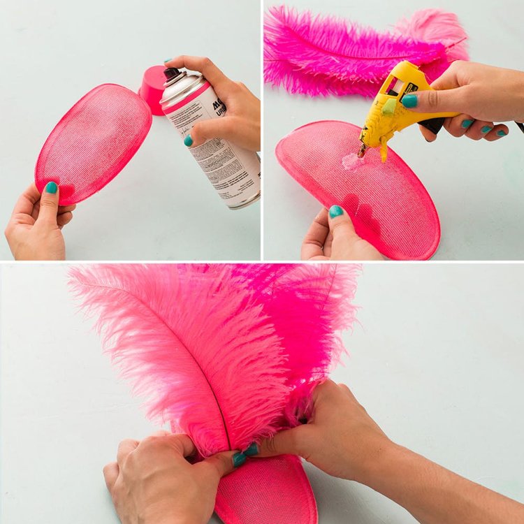 Kopfschmuck zum Flamingo Kostüm selber machen Federn am Fascinator kleben