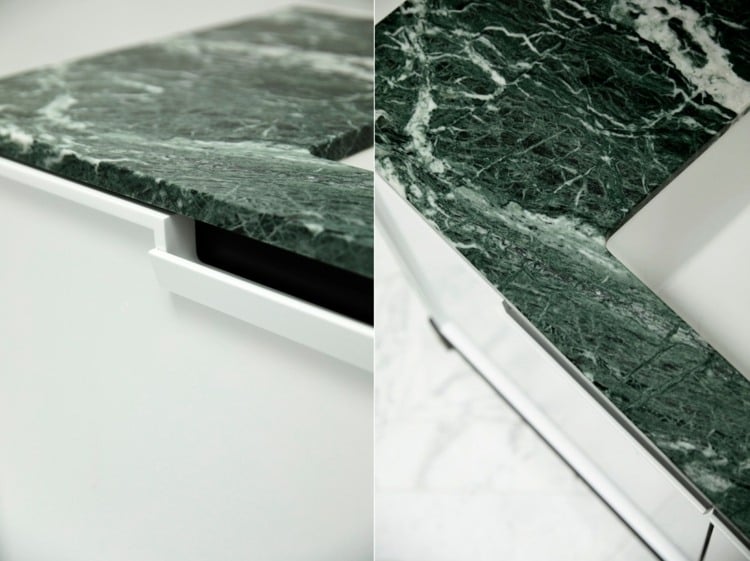 Marmor Arbeitsplatte in Grün für das Badezimmer mit minimalistischen Schränken