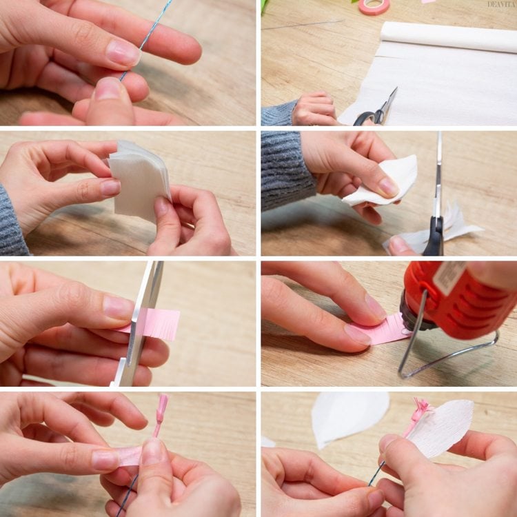 Papierblume basteln Anleitung ausschneiden Heißkleber festkleben Schritt 1