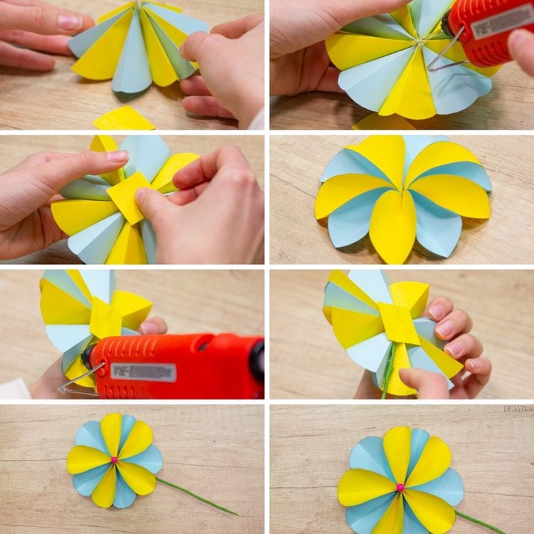 Papierblumen basteln Anleitung Kindergeburtstag Deko Schritt 2