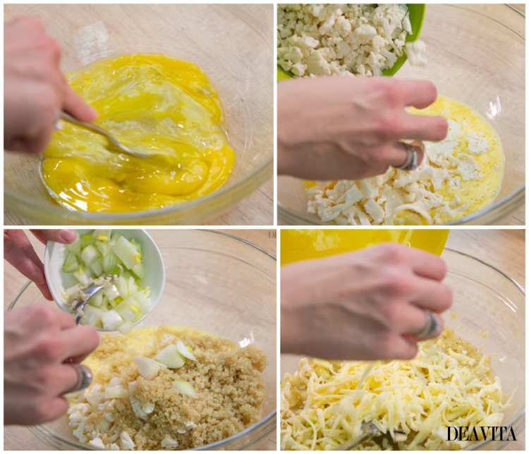 Quinoa Blumenkohl Käse Eier in eine Schüssel vermischen