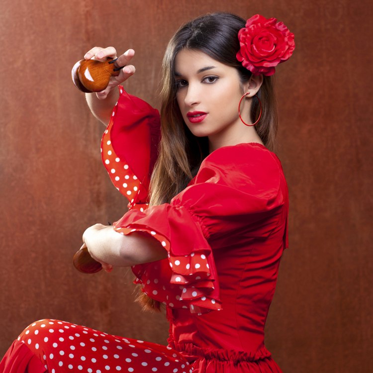 Spanierin Kostüm zum Karneval rotes Flamenco Kleid und Kastagnetten