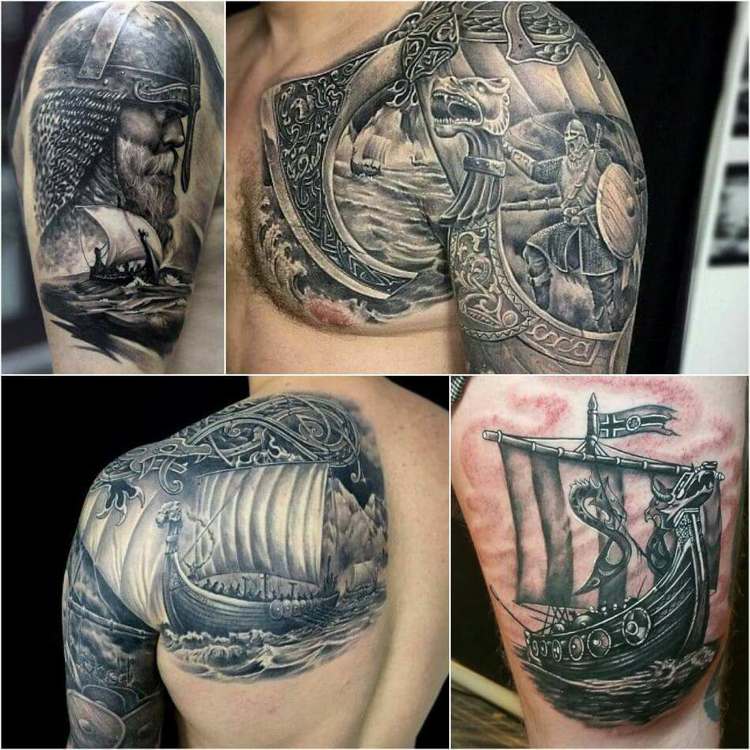 Wikingerschiff Tattoo für Männer am Oberarm unn bis zur Schulter hin
