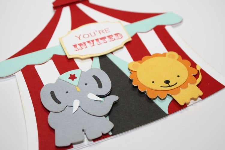 Zirkus Party Einladungskarte selber basteln Zirkuszelt Elefant Löwe