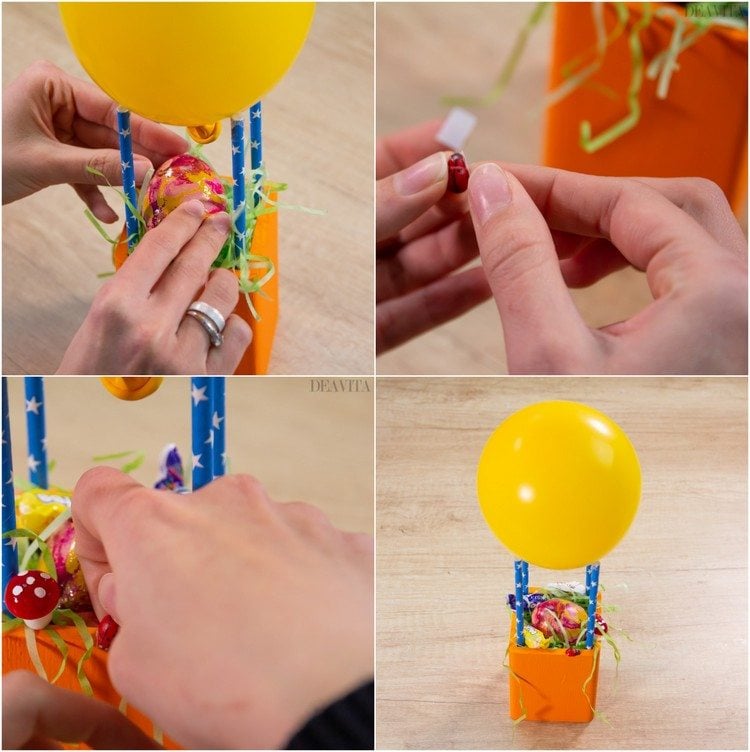 geschenkkorb als heißluftballon dekoration marienkäfer pilze befestigen