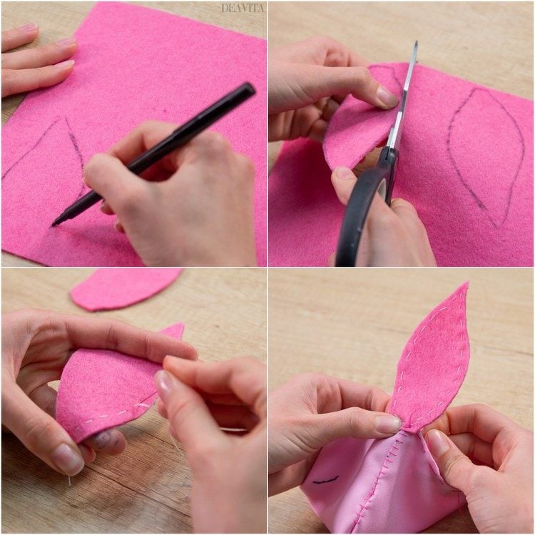 rosa filz hasenohren zeichnen ausschneiden und an tasche nähen