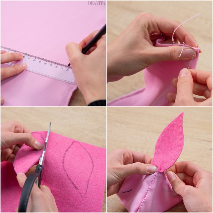 rosa stoff und filz hasenohren zeichnen ausschneiden und an tasche nähen