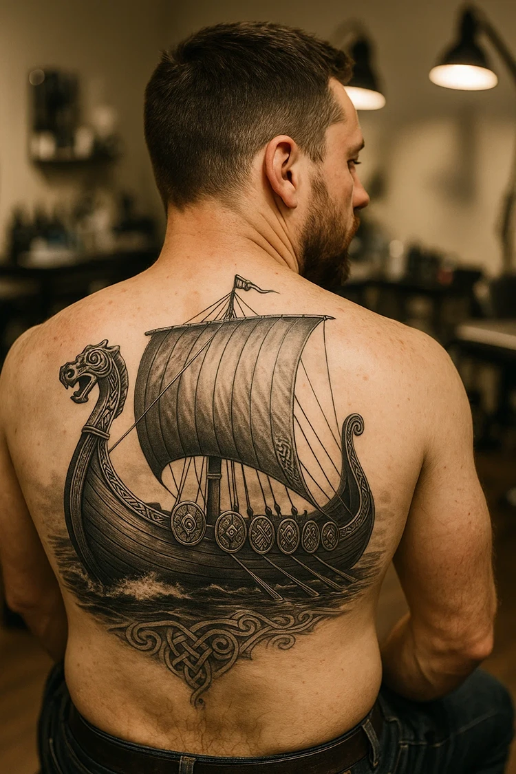 wikingerschiff vorlage tattoo am rücken