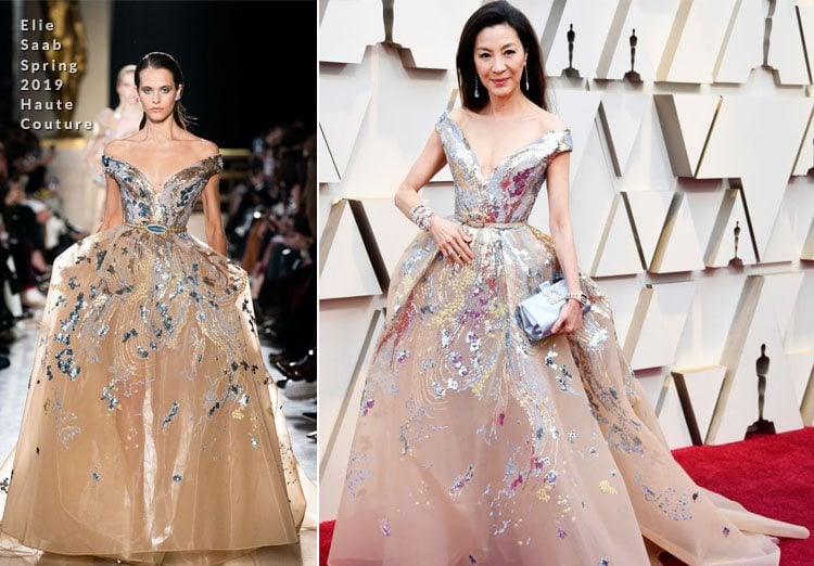 Abendmode Oscars 2019 3D Applikationen nude Nuance Michelle Yeoh Elie Saab