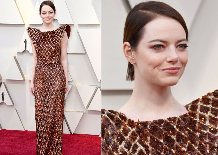 Abendmode Oscars 2019 Kleid geometrische Muster Kunstfell Emma Stone Louis Vuitton